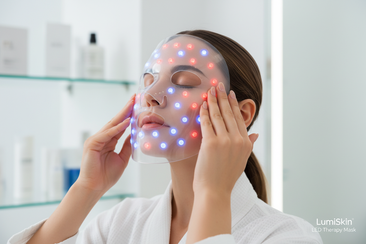 Woman putting on LED face mask